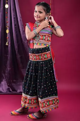 Navratri theme cotton half sleeves kutch work embroidered lehenga choli with dupatta - black
