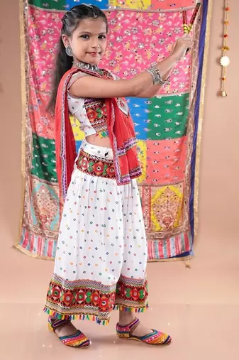 Navratri theme cotton half sleeves kutch work embroidered lehenga choli with dupatta - white