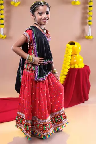 Navratri theme cotton half sleeves kutch work embroidered lehenga choli with dupatta - red