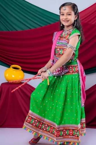 Navratri theme cotton half sleeves kutch work embroidered lehenga choli with dupatta - green