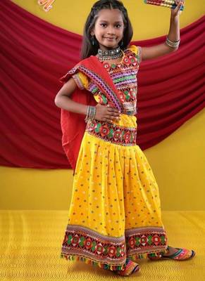 Navratri theme cotton half sleeves kutch work embroidered lehenga choli with dupatta - yellow 5