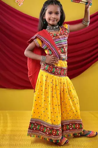 Navratri theme cotton half sleeves kutch work embroidered lehenga choli with dupatta - yellow