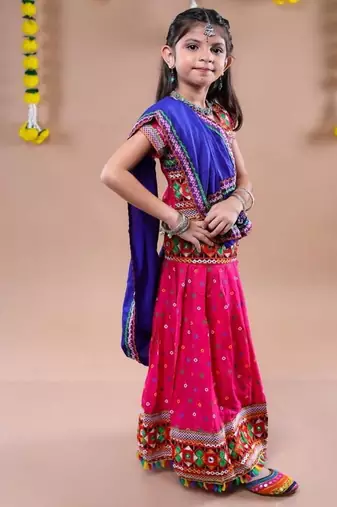 Navratri theme cotton half sleeves kutch work embroidered lehenga choli with dupatta - pink