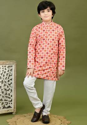 Boys cotton bandhani printed zari embroidered kurta & pyjama set - peach 1