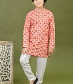 Boys cotton bandhani printed zari embroidered kurta & pyjama set - peach