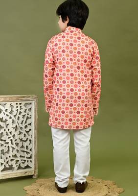 Boys cotton bandhani printed zari embroidered kurta & pyjama set - peach 2