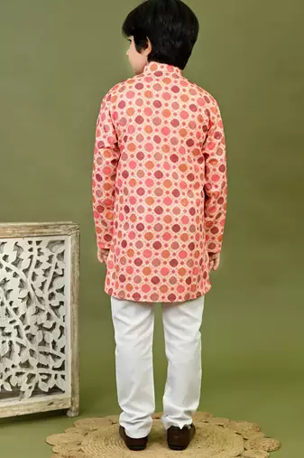 Boys cotton bandhani printed zari embroidered kurta & pyjama set - peach