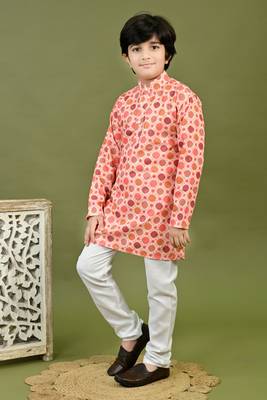 Boys cotton bandhani printed zari embroidered kurta & pyjama set - peach 3