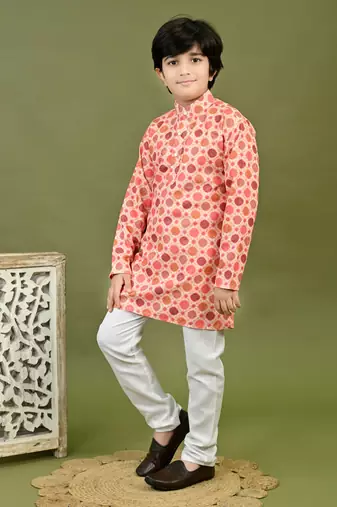 Boys cotton bandhani printed zari embroidered kurta & pyjama set - peach