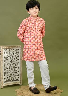 Boys cotton bandhani printed zari embroidered kurta & pyjama set - peach 4