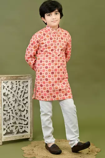 Boys cotton bandhani printed zari embroidered kurta & pyjama set - peach