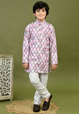 Boys cotton motifs printed zari embroidered kurta & pyjama set - lavender 1