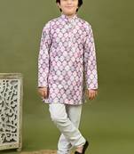 Boys cotton motifs printed zari embroidered kurta & pyjama set - lavender
