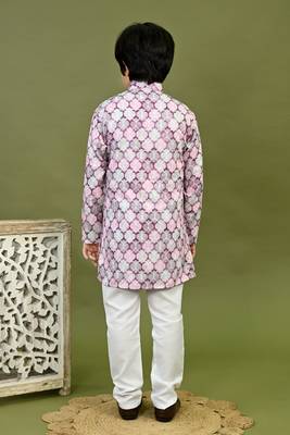 Boys cotton motifs printed zari embroidered kurta & pyjama set - lavender 2