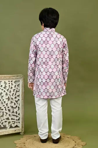 Boys cotton motifs printed zari embroidered kurta & pyjama set - lavender