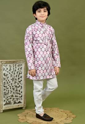 Boys cotton motifs printed zari embroidered kurta & pyjama set - lavender 3