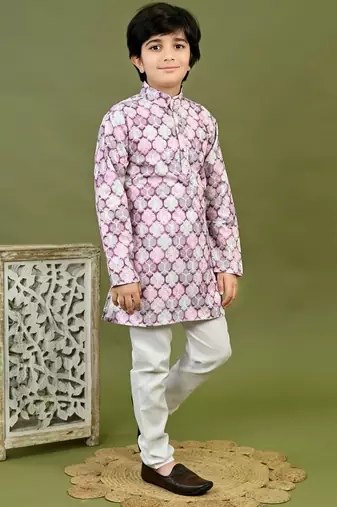 Boys cotton motifs printed zari embroidered kurta & pyjama set - lavender