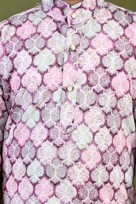 Boys cotton motifs printed zari embroidered kurta & pyjama set - lavender 4