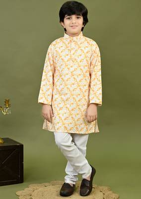 Boys cotton tie & dye printed sequin grid embroidered kurta & pyjama set - gold 1