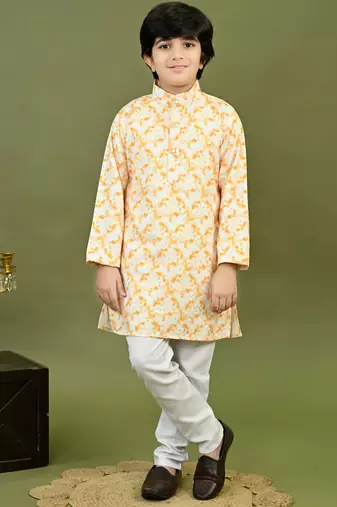 Boys cotton tie & dye printed sequin grid embroidered kurta & pyjama set - gold