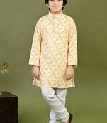 Boys cotton tie & dye printed sequin grid embroidered kurta & pyjama set - gold