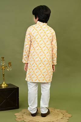 Boys cotton tie & dye printed sequin grid embroidered kurta & pyjama set - gold 2