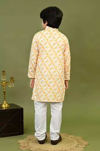 Boys cotton tie & dye printed sequin grid embroidered kurta & pyjama set - gold