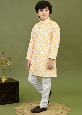 Boys cotton tie & dye printed sequin grid embroidered kurta & pyjama set - gold 3