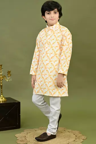 Boys cotton tie & dye printed sequin grid embroidered kurta & pyjama set - gold