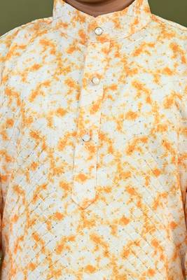 Boys cotton tie & dye printed sequin grid embroidered kurta & pyjama set - gold 4