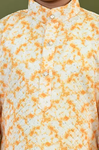 Boys cotton tie & dye printed sequin grid embroidered kurta & pyjama set - gold