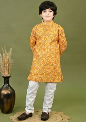 Boys cotton jaipuri block printed kurta & pyjama set - mustard 1