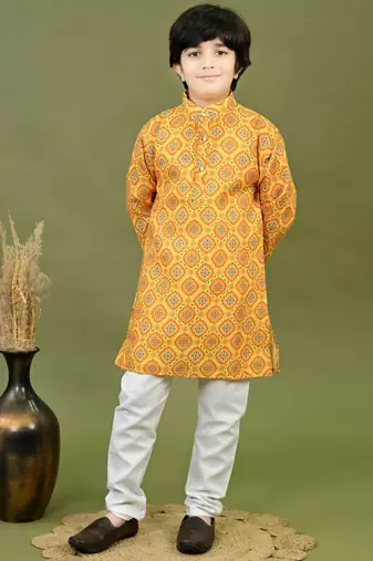 Boys cotton jaipuri block printed kurta & pyjama set - mustard