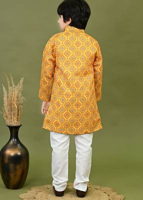 Boys cotton jaipuri block printed kurta & pyjama set - mustard 2