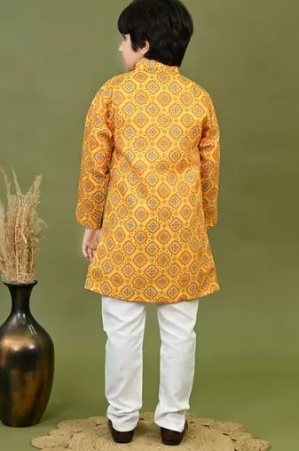 Boys cotton jaipuri block printed kurta & pyjama set - mustard