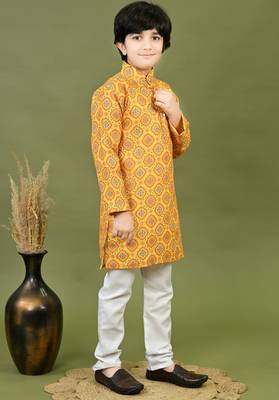 Boys cotton jaipuri block printed kurta & pyjama set - mustard 3