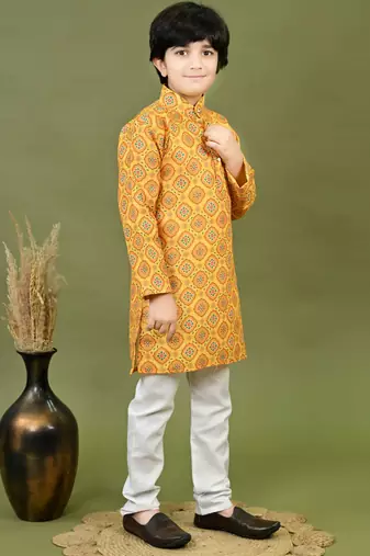 Boys cotton jaipuri block printed kurta & pyjama set - mustard