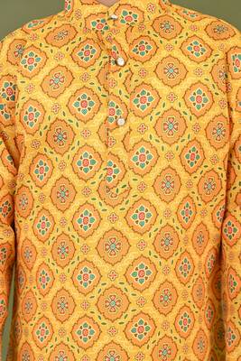 Boys cotton jaipuri block printed kurta & pyjama set - mustard 4