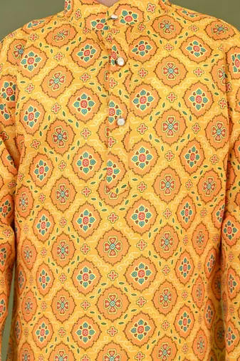 Boys cotton jaipuri block printed kurta & pyjama set - mustard