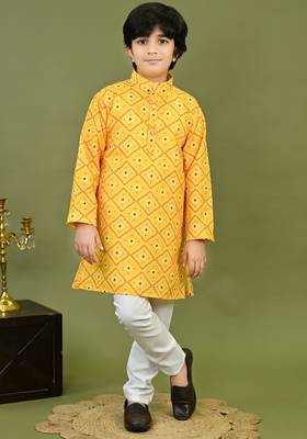 Boys cotton bandhani print kurta & pyjama set - yellow 1