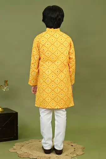 Boys cotton bandhani print kurta & pyjama set - yellow