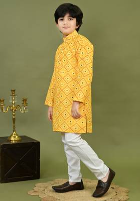 Boys cotton bandhani print kurta & pyjama set - yellow 3