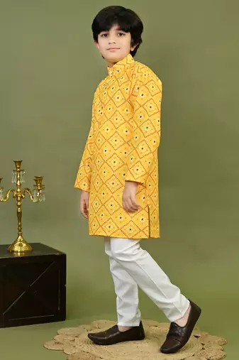 Boys cotton bandhani print kurta & pyjama set - yellow