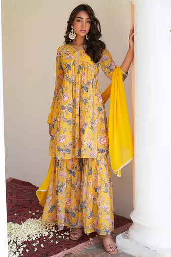 yellow georgette digital floral printed kurta with sharara and dupatta
