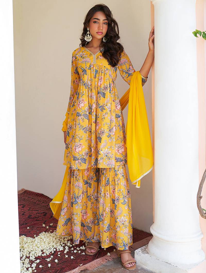 yellow georgette digital floral printed kurta with sharara and dupatta