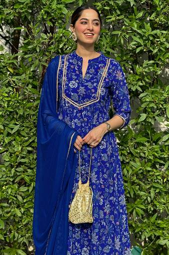 dark teal blue georgette digital floral printed kurta with palazzo and dupatta