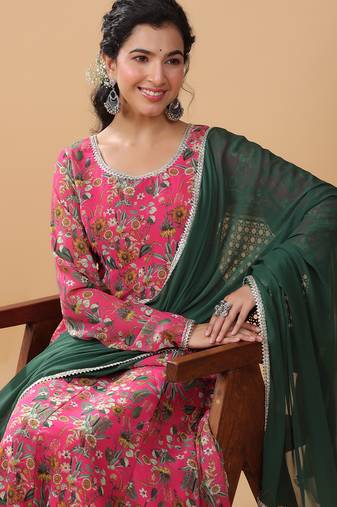 Pink georgette digital floral printed kurta with palazzo and dupatta