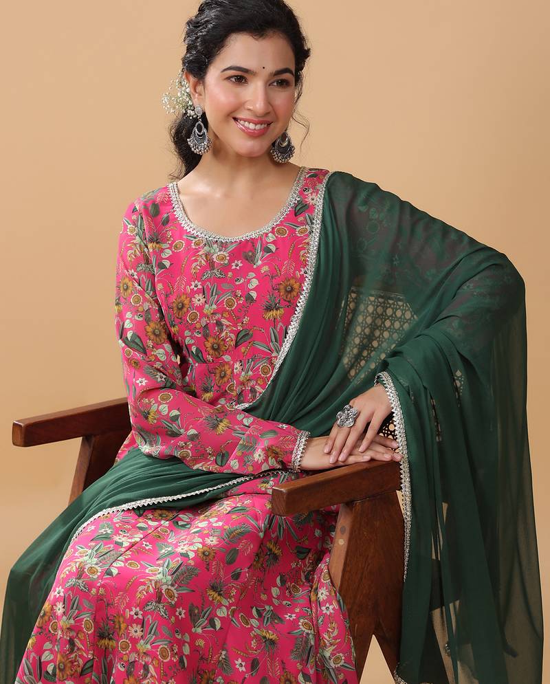 Pink georgette digital floral printed kurta with palazzo and dupatta