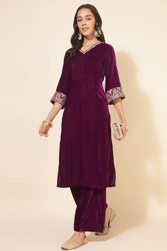 purple velvet embellished kurta with palazzo
