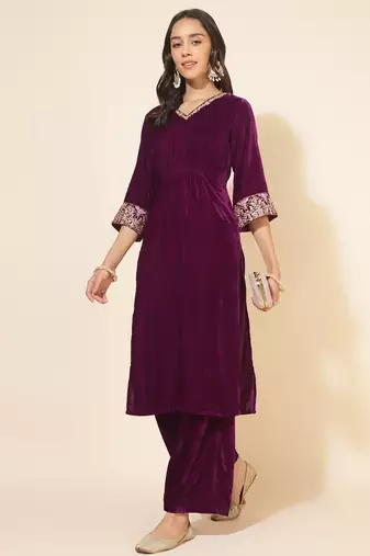 purple velvet embellished kurta with palazzo